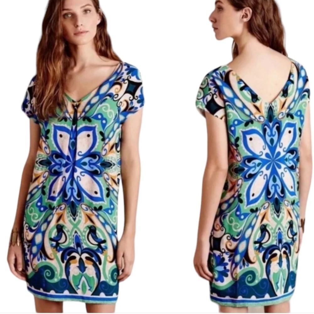 Anthropologie Maeve BLUE GREEN FOLKSONG BIRD SHIFT Dress, Size Xsmall